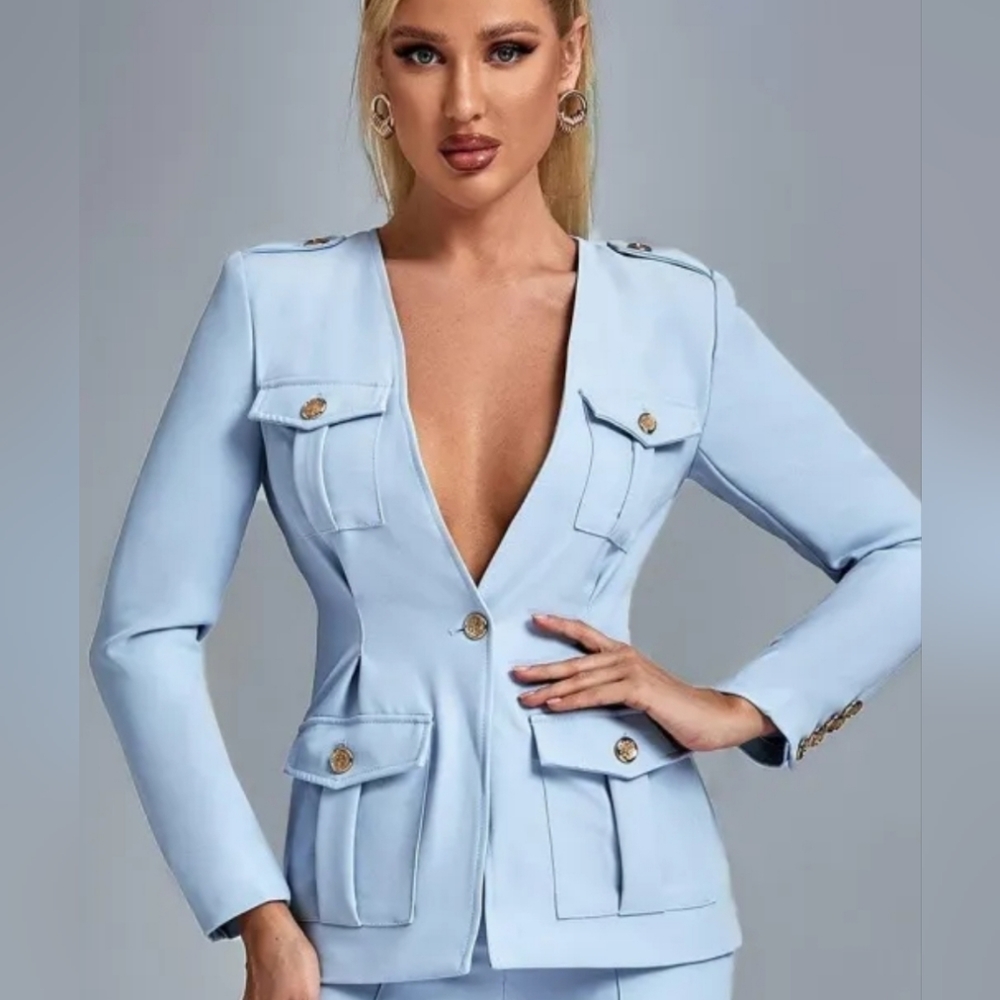 Sky blue v-neck pocket blazer suit jacket for women sz M - Picture 1 of 16